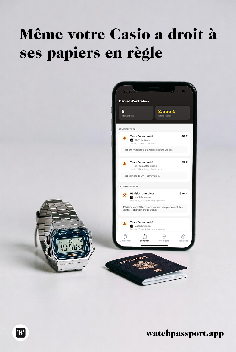Watch Passport campaign - Casio watch with digital passport app showing watch maintenance history and service records